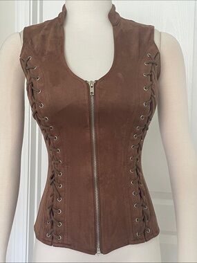 Lydia Brown Faux Suede Lace-Up Zip Front Women's Vest Small
